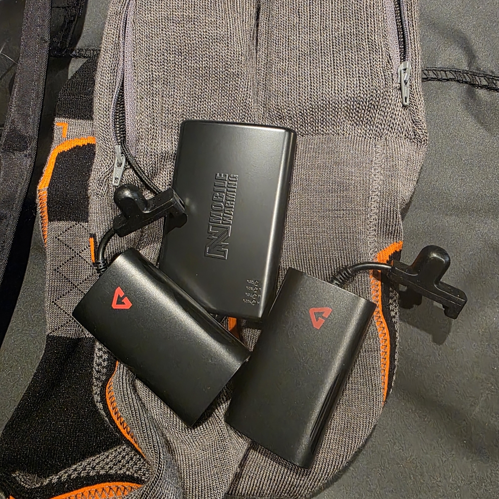 Mobile Warming brand heated socks and compatible Gerbing battery packs.